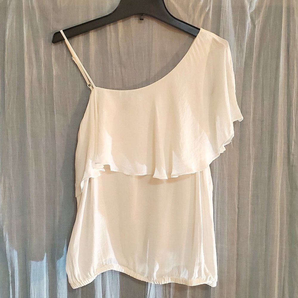 Forever 21 Blouse One Shoulder Ruffle Sheer White with Adjustable Side Strap